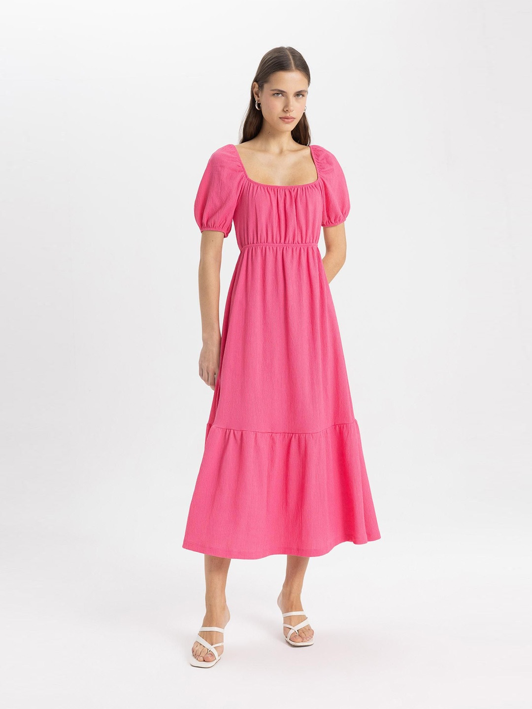 

DeFacto Puff Sleeve Fit and Flare Midi Dress, Pink