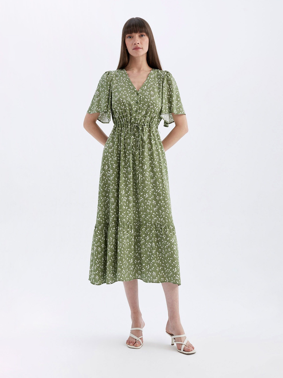 

DeFacto Women Floral Print V-Neck Flared Sleeve Fit & Flare Midi Dress, Green