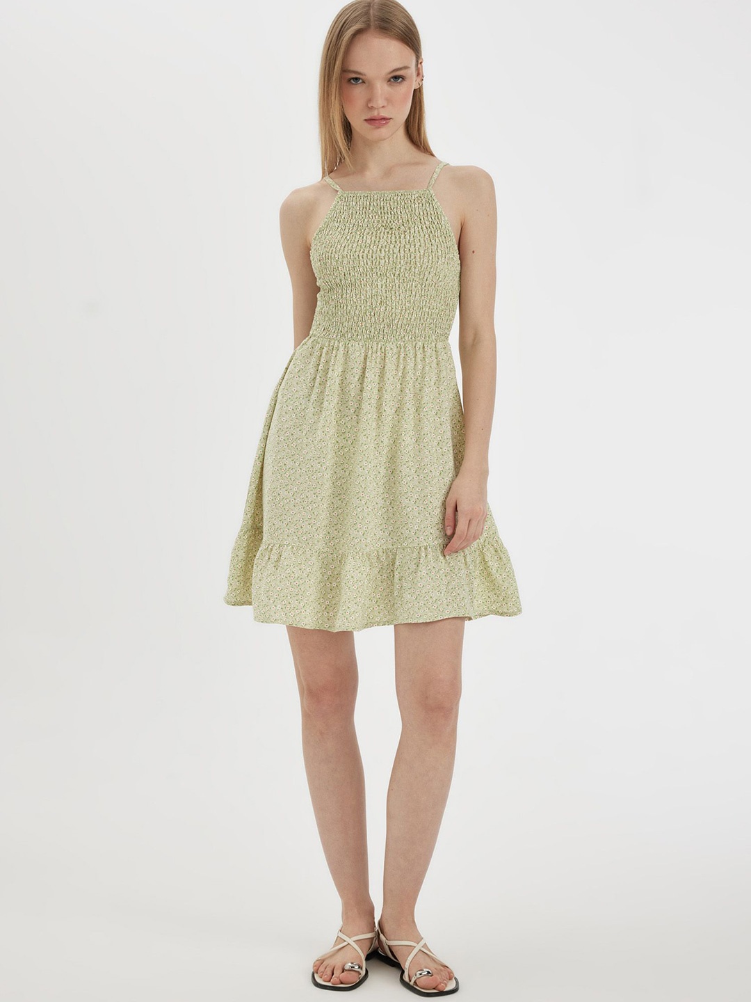 

DeFacto Women Printed Fit & Flare Dress, Green