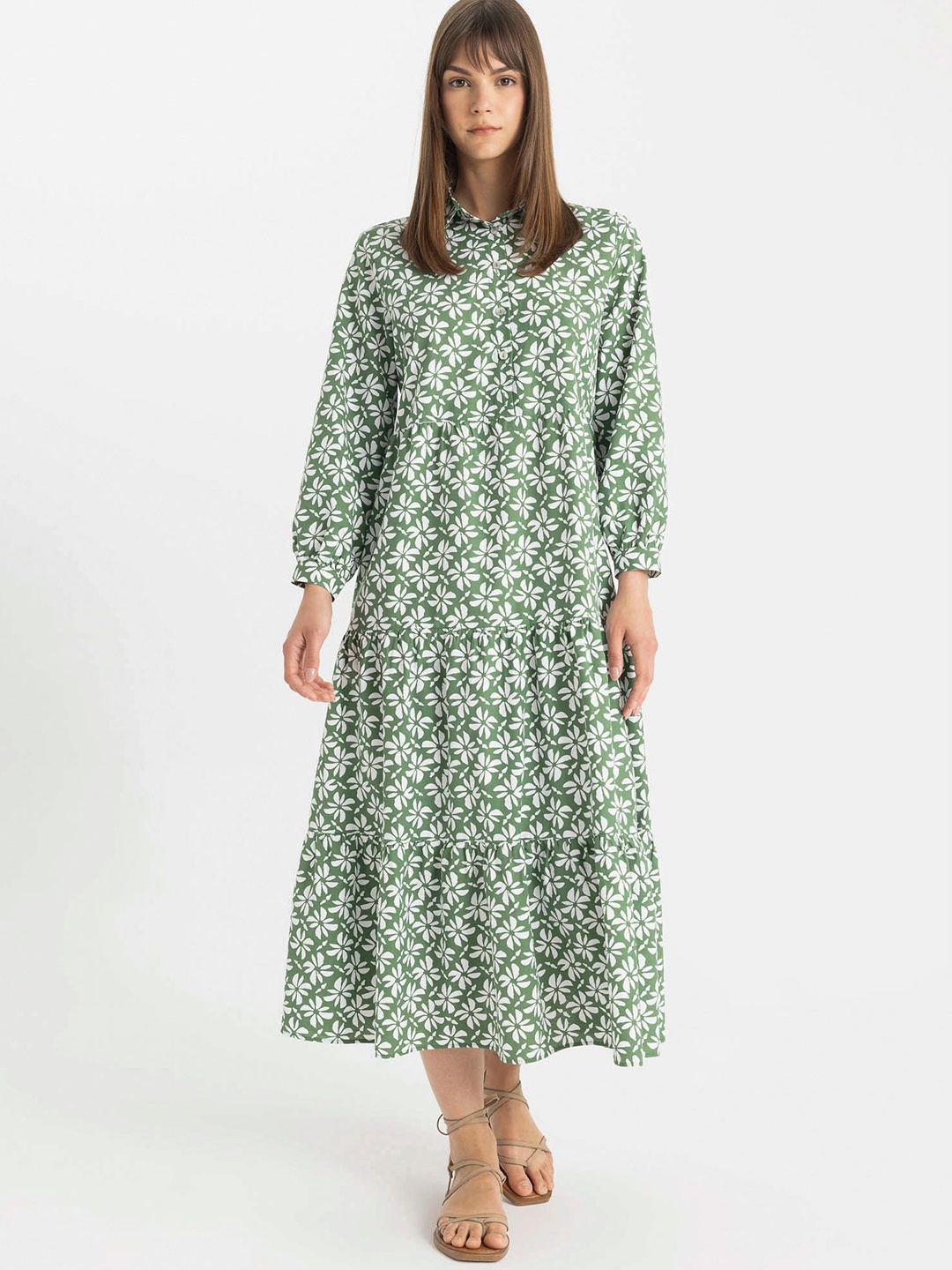 

DeFacto Women Printed Puff Sleeve A-Line Midi Dress, Green