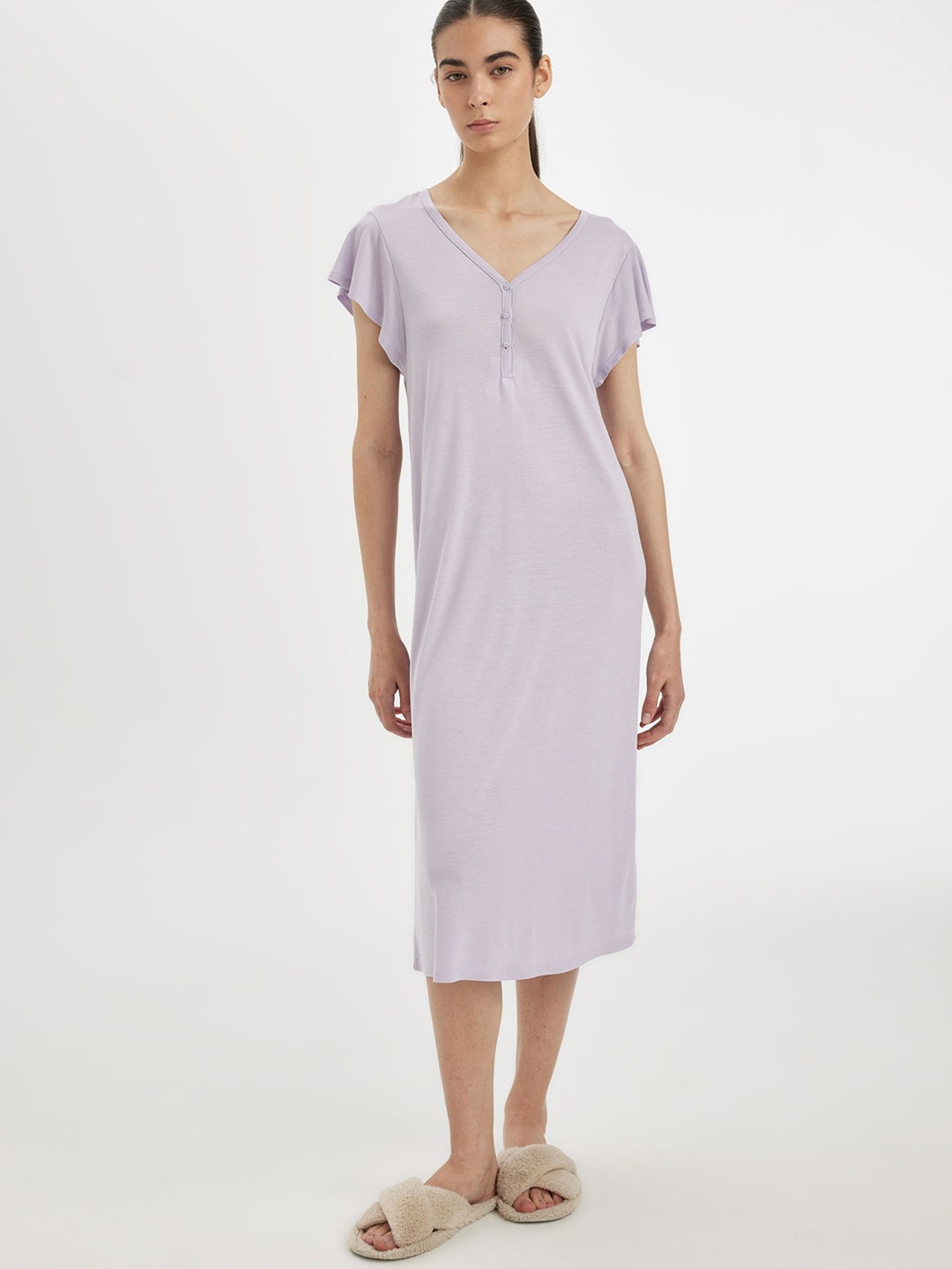 

DeFacto Women V-Neck Flutter Sleeves A-Line Midi Dress, Purple