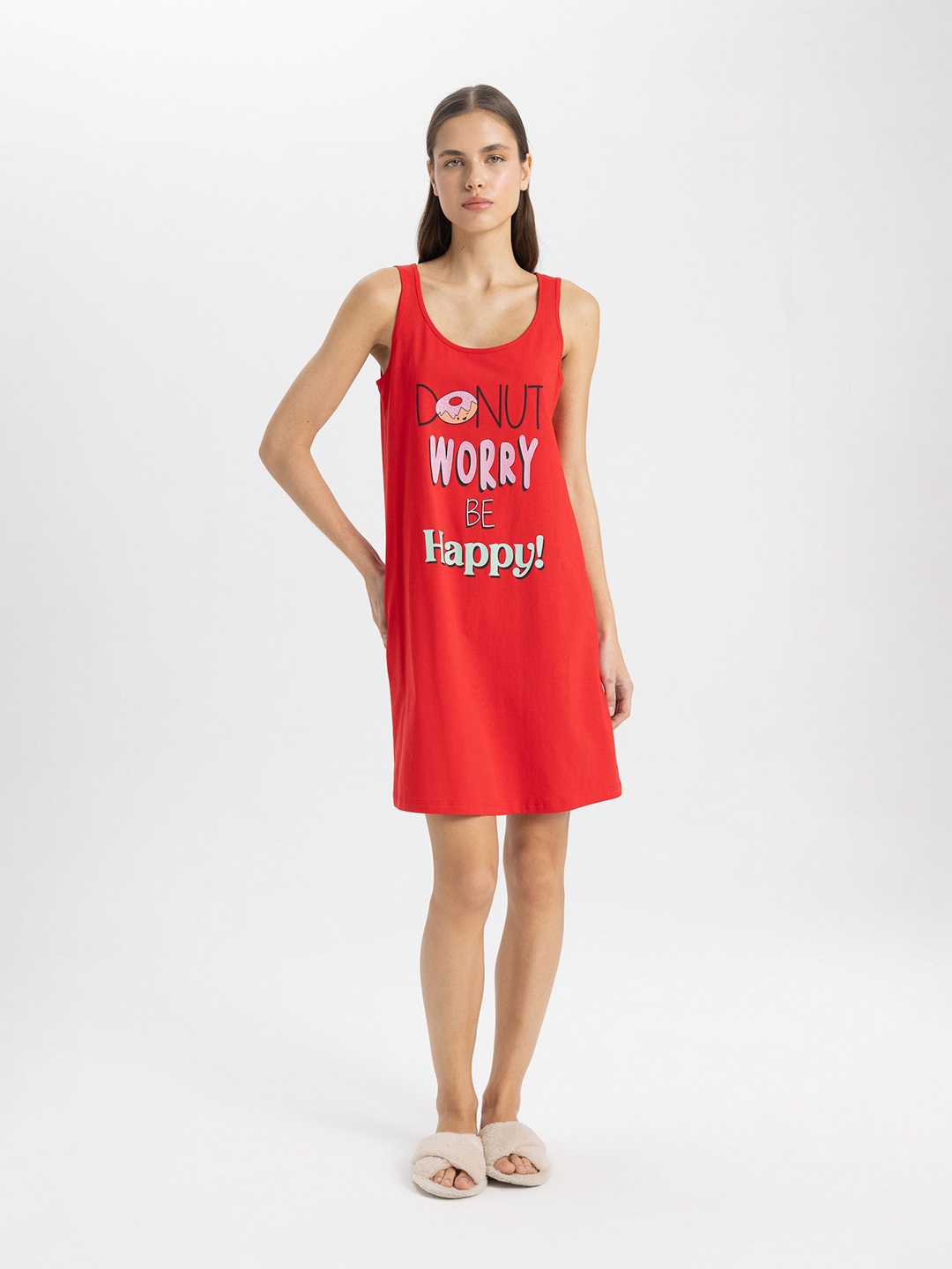 

DeFacto Printed Cotton T-shirt NightDress, Red