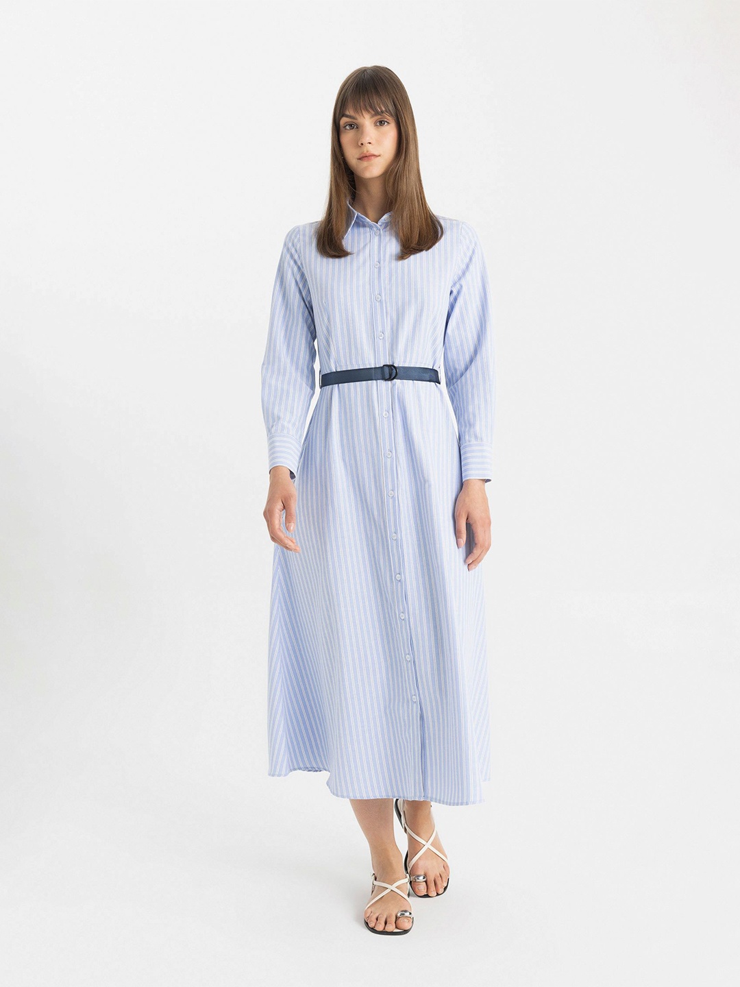 

DeFacto Striped Printed Shirt Midi Dress, Blue