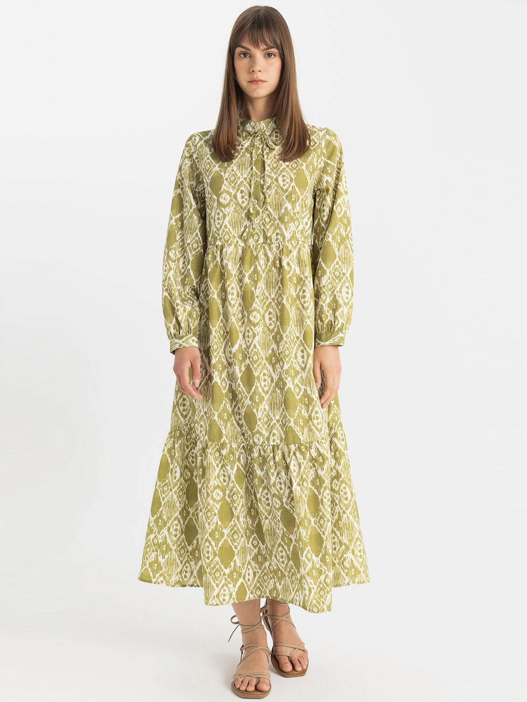 

DeFacto Women Printed Cuffed Sleeves Cotton A-Line Midi Dress, Green