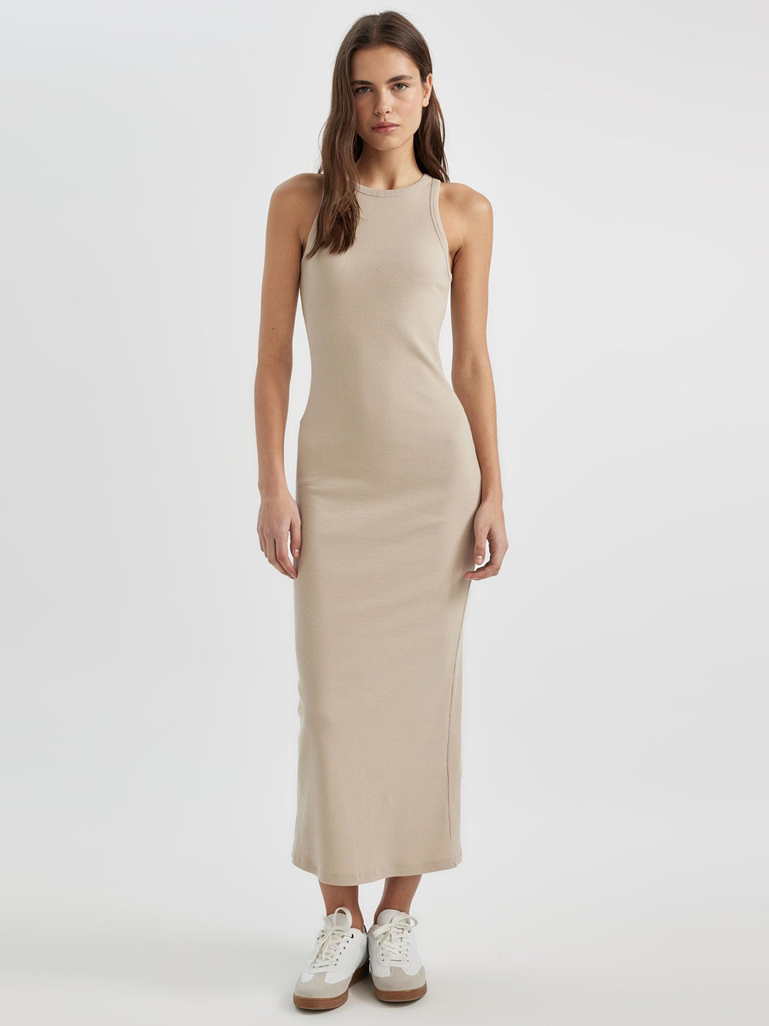 

DeFacto Round Neck Sheath Maxi Dress, Beige