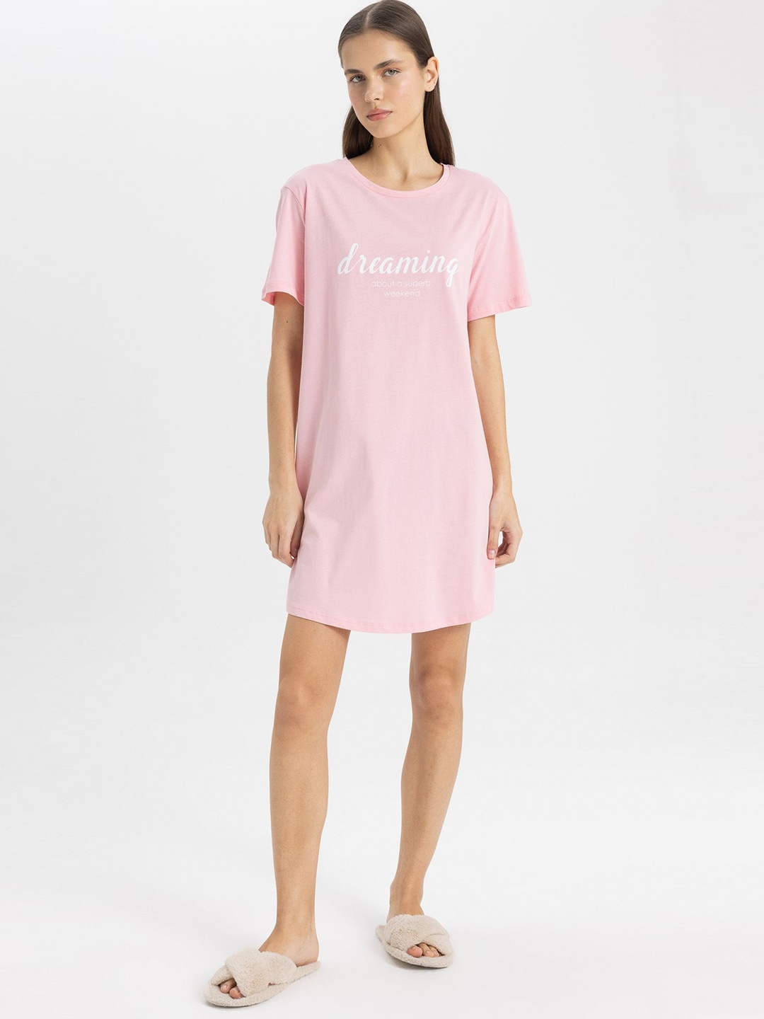 

DeFacto Cotton Round Neck Casual T-shirt Dress, Pink