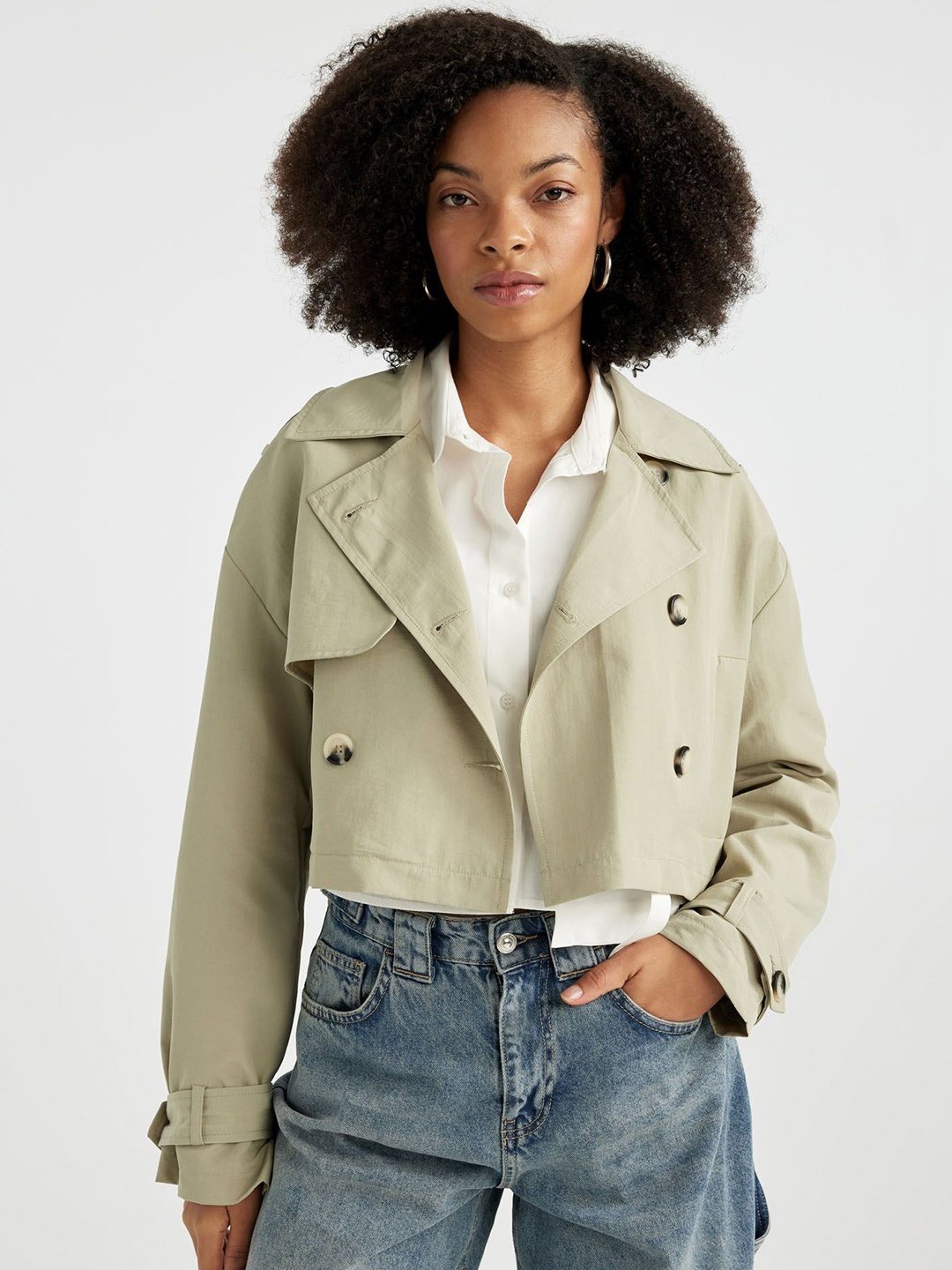 

DeFacto Women Crop Lapel Collar Trapeze Jacket, Green