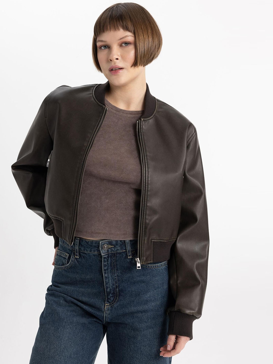 

DeFacto Women Striped Crop Bomber Jacket, Brown