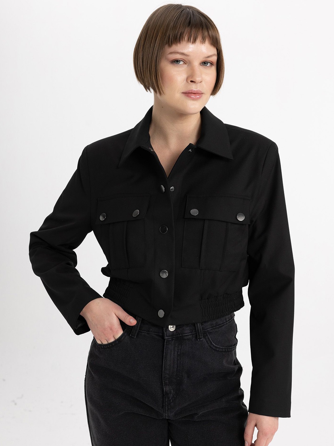 

DeFacto Women Striped Crop Denim Long Sleeves Jacket, Black