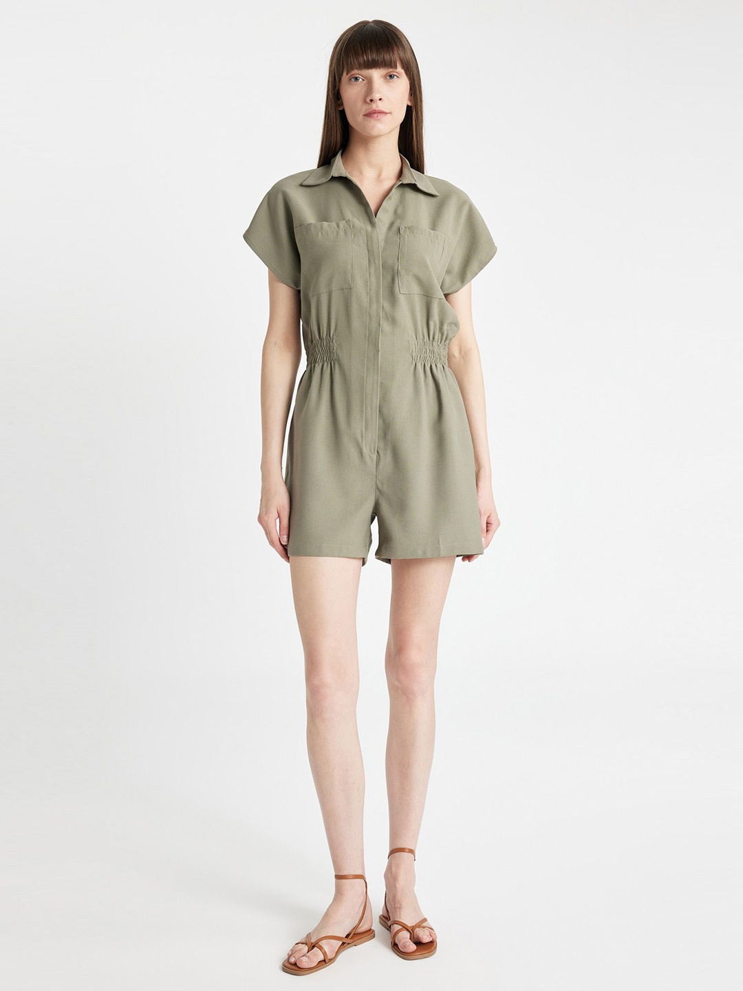 

DeFacto Women Shirt Collar Playsuit Jumpsuit, Green
