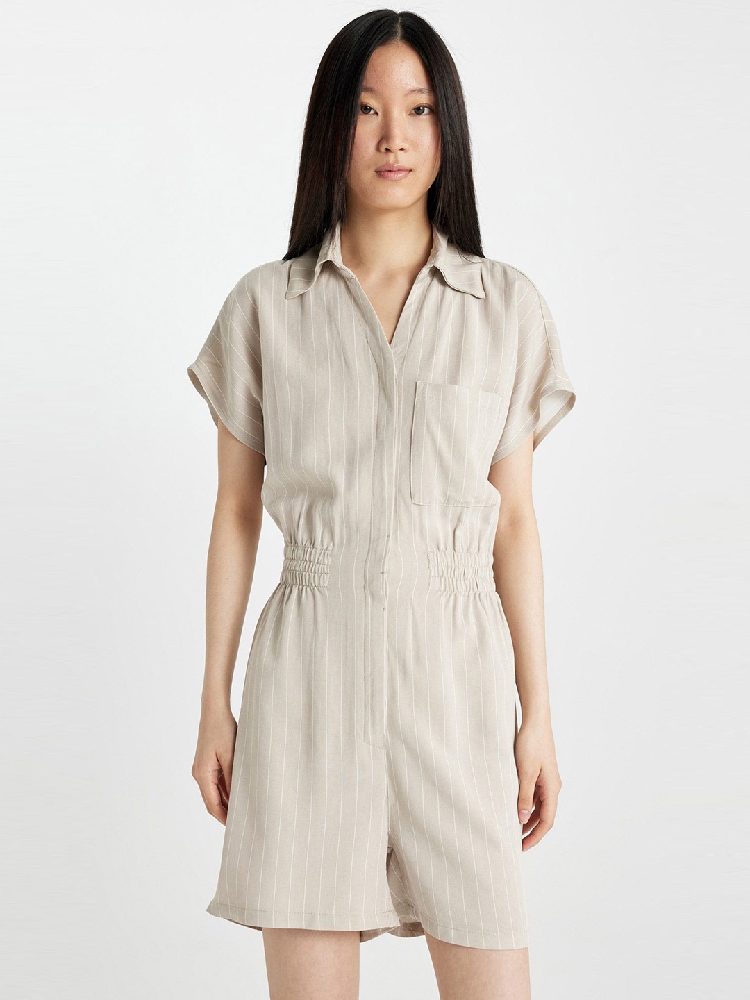 

DeFacto Striped Shirt Collar Playsuit, Grey
