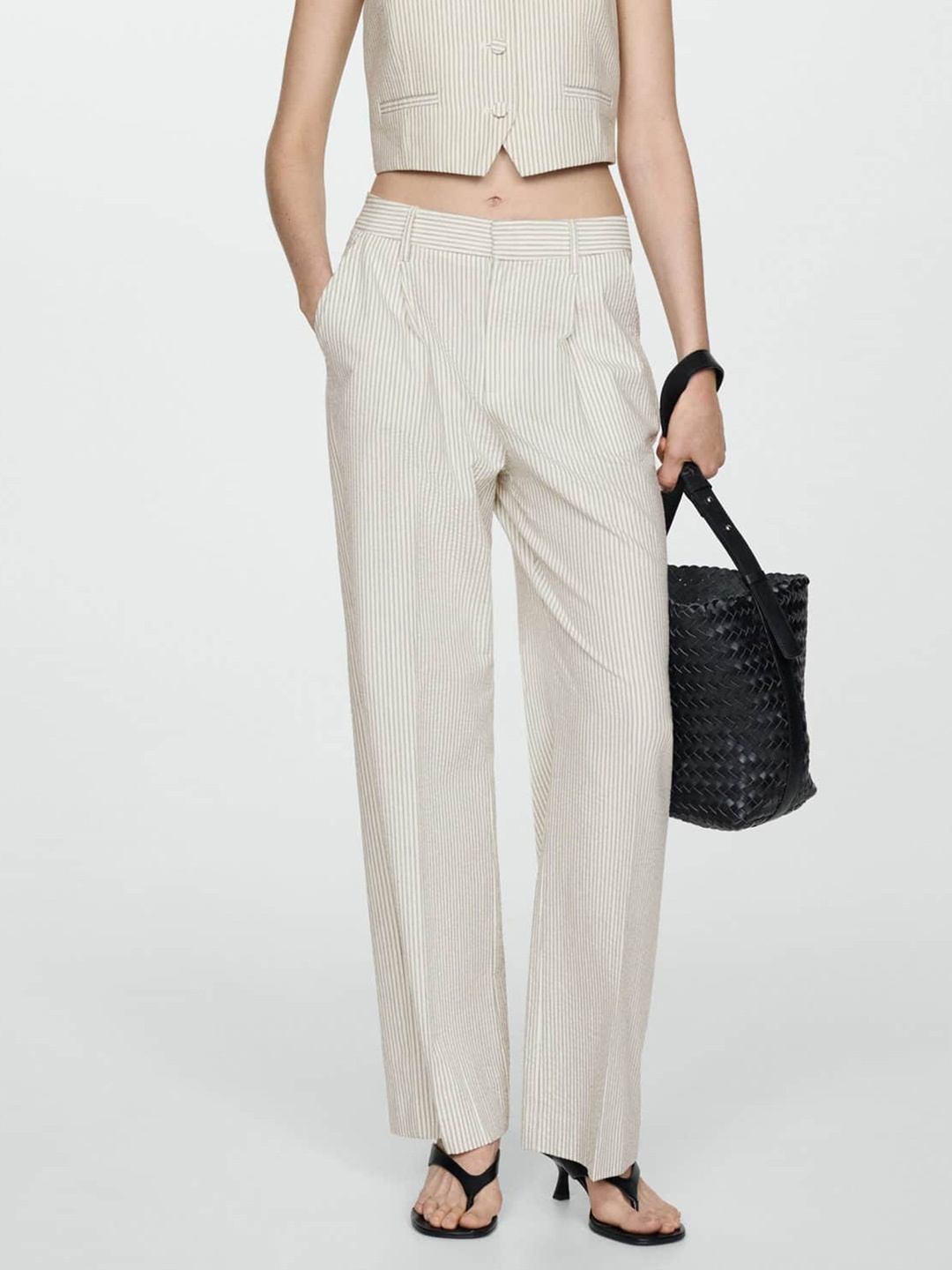 

MANGO Women Striped Pure Cotton Trousers, Off white