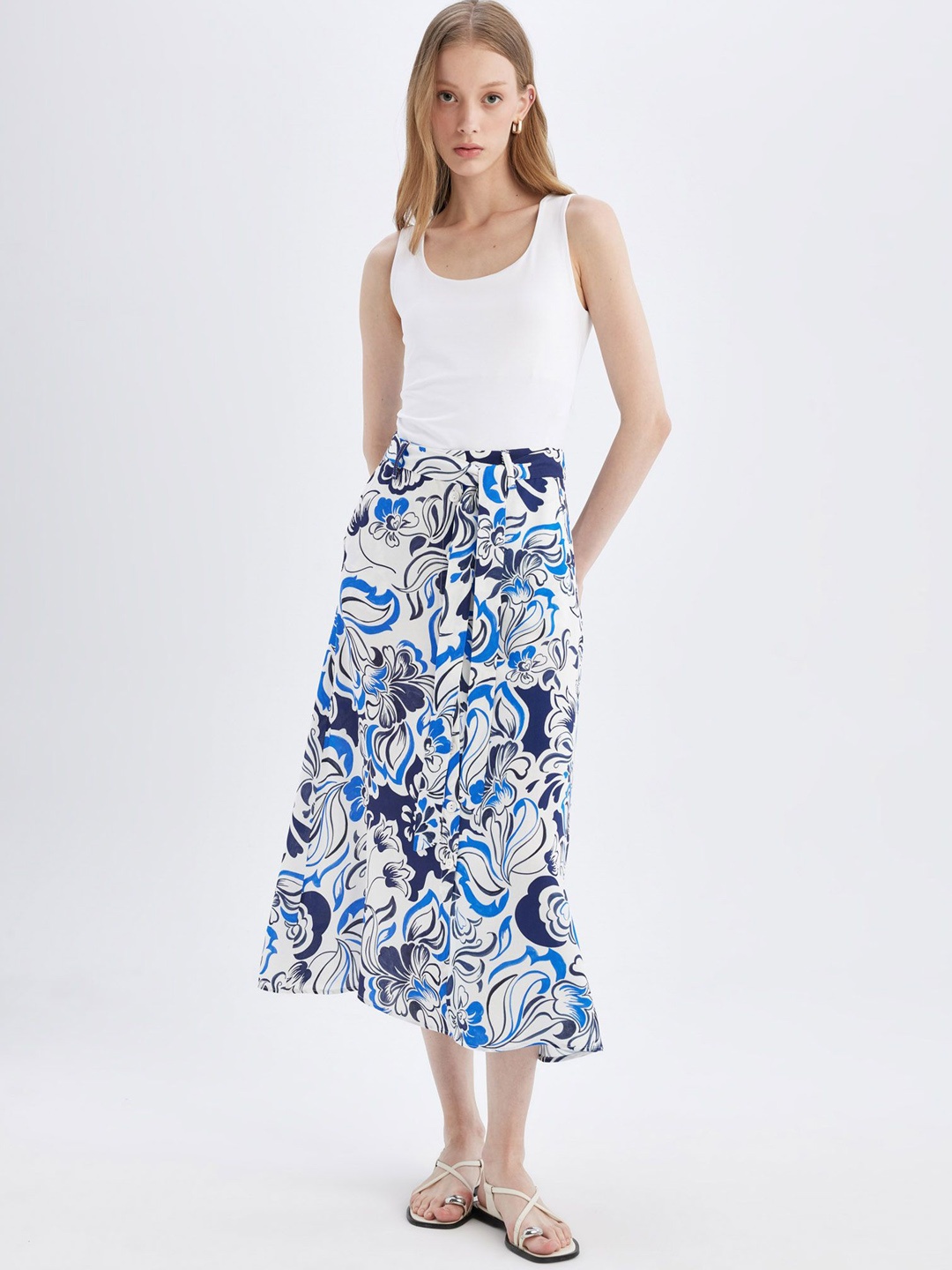 

DeFacto Printed A-Line Midi Skirt, Blue