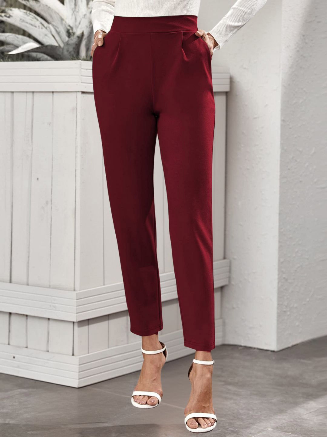 

BAESD Women Smart Tapered Fit High-Rise Wrinkle Free Formal Trousers, Burgundy