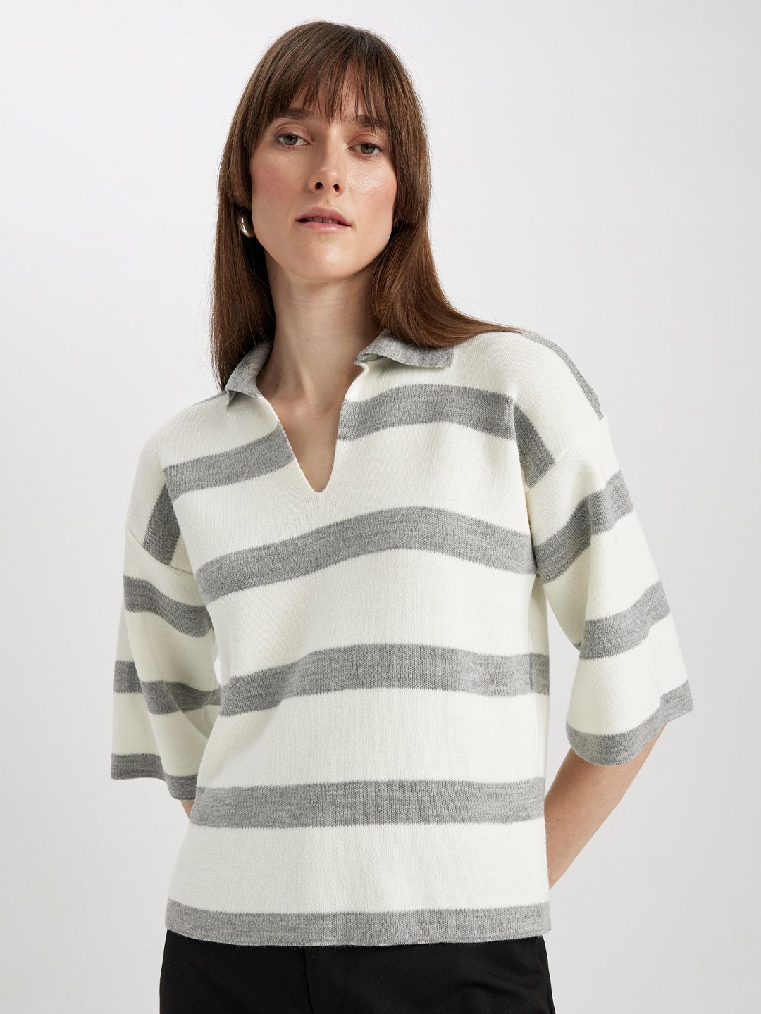 

DeFacto Women Relaxed Fit Striped Sweater, White