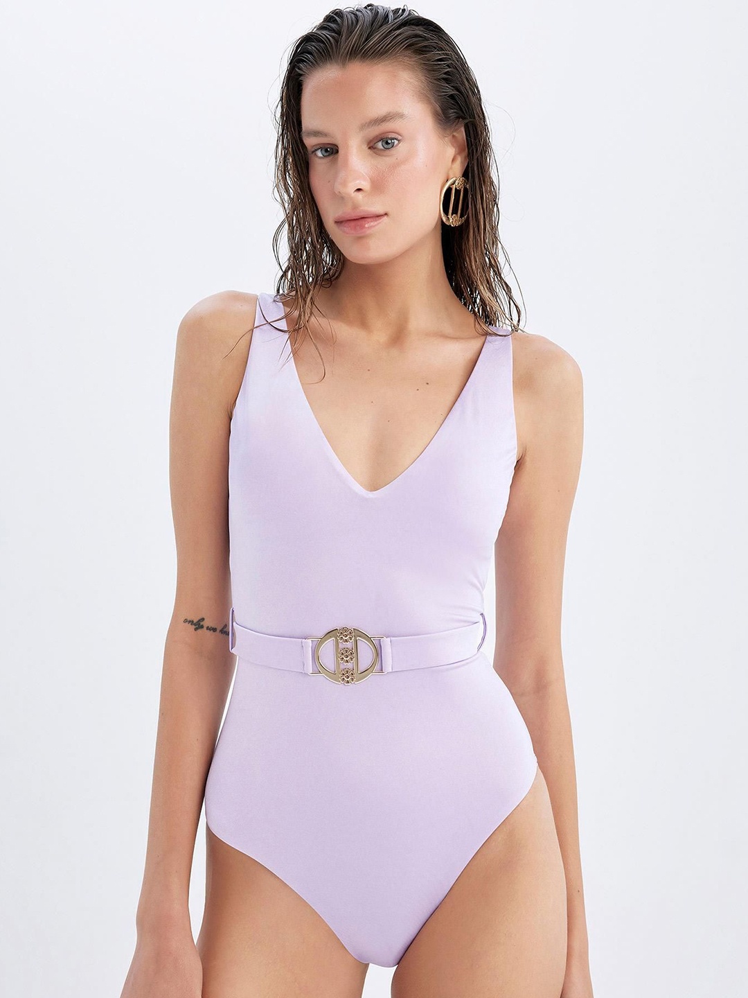 

DeFacto V-Neck Swim Bodysuit, Lavender