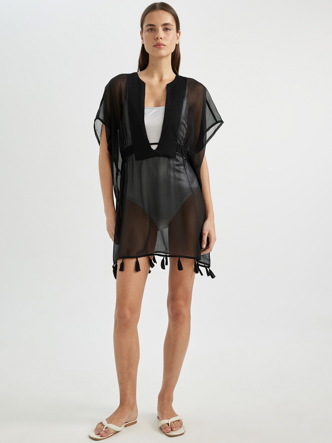 

DeFacto V-Neck Tassel Detail Swimwear Cover Up, Black