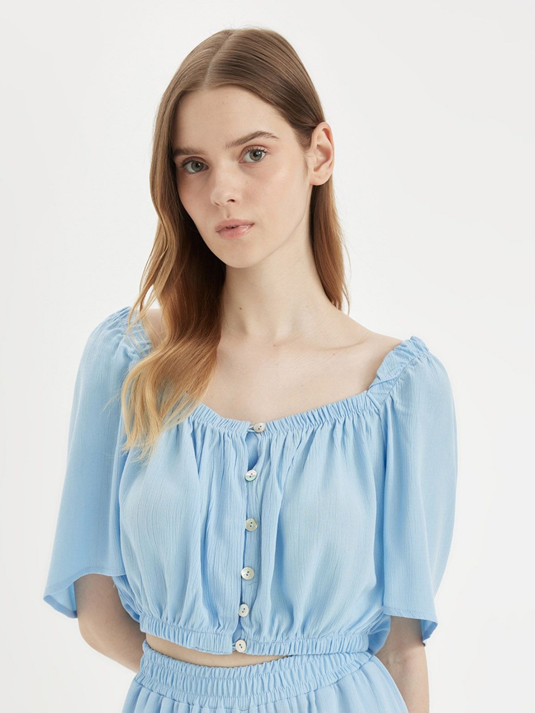 

DeFacto Flared Sleeve Crop Solid Top, Blue