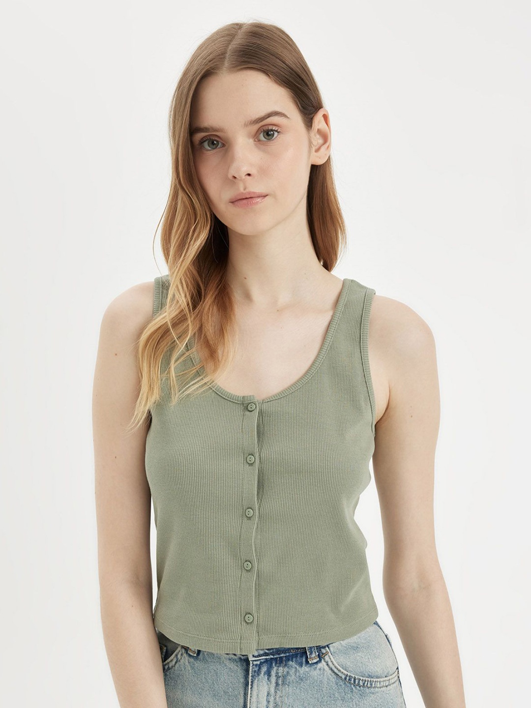 

DeFacto Women Solid Cotton Top, Green