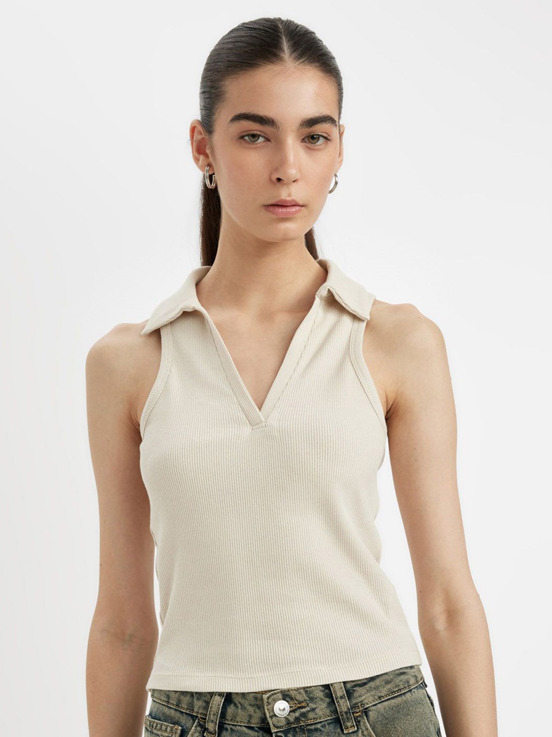 

DeFacto Women Solid Cotton Shirt Style Top, Beige