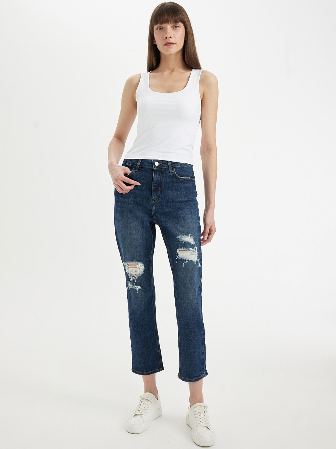 

DeFacto Women Mid-Rise Highly Distressed Light Fade Jeans, Blue