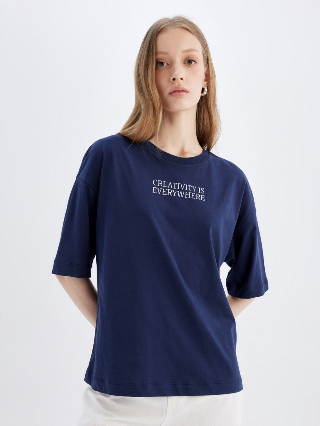 

DeFacto Women Typography Drop-Shoulder Sleeves T-shirt, Blue