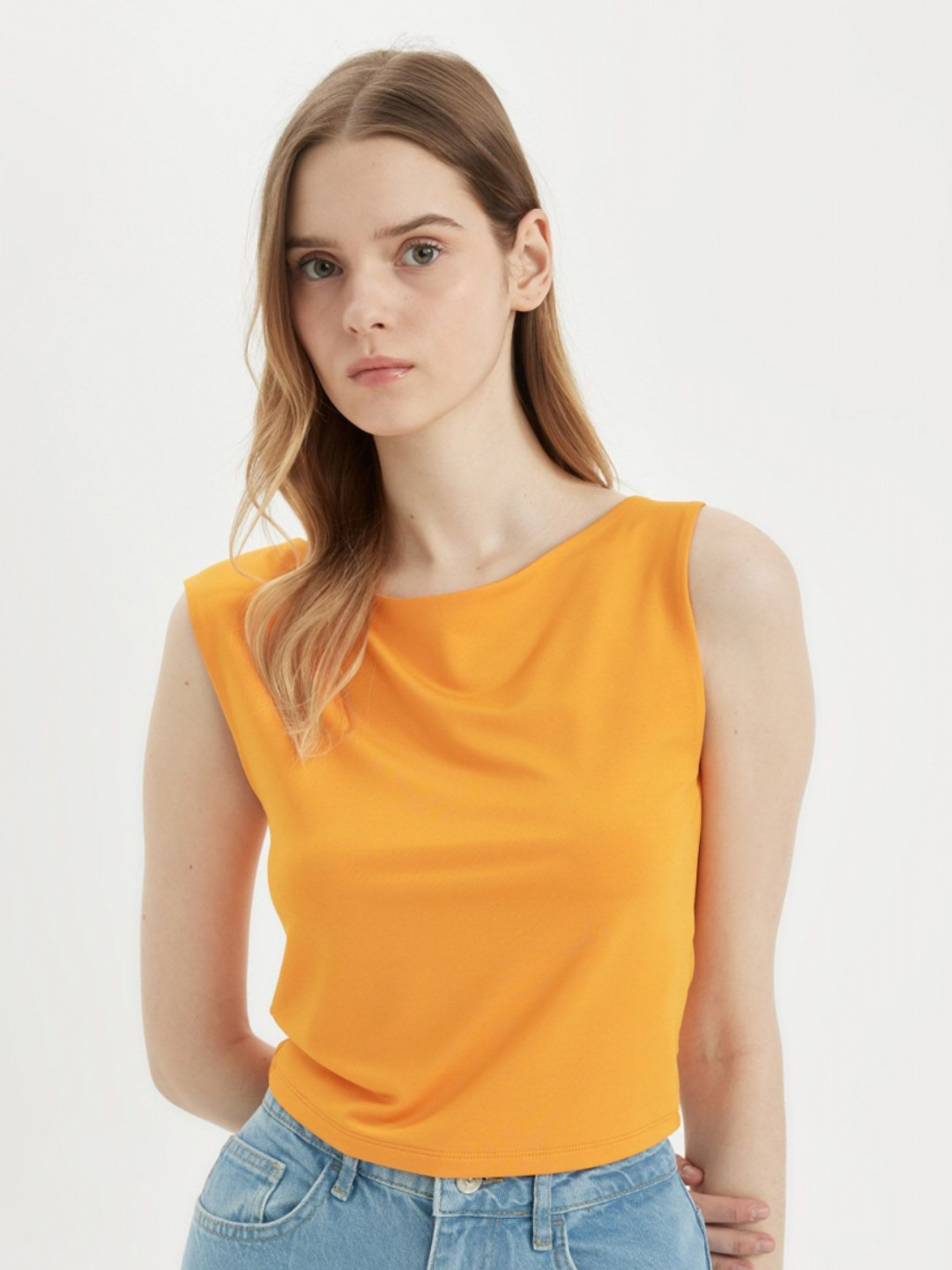 

DeFacto Women Boat Neck Sleeveless T-shirt, Orange