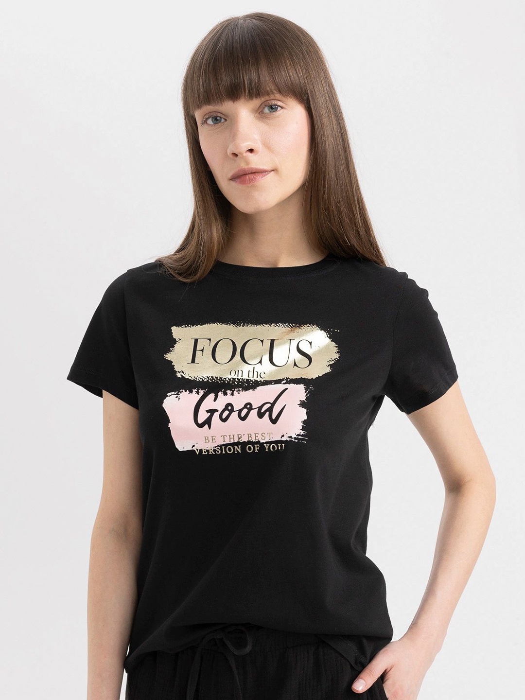 

DeFacto Women Typography Printed T-shirt, Black