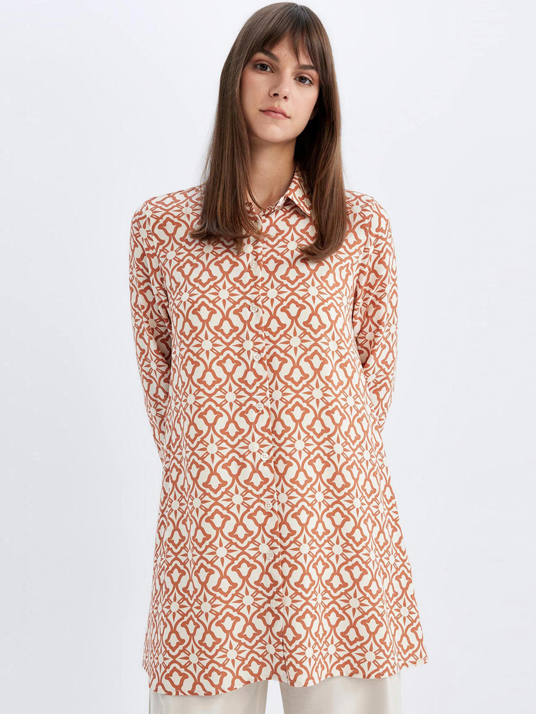 

DeFacto Women Shirt Collar Printed Tunic, White
