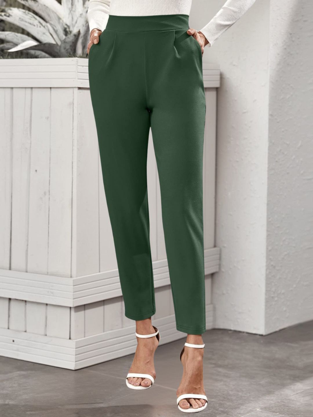 

BAESD Women Smart Tapered Fit High-Rise Wrinkle Free Trousers, Sea green