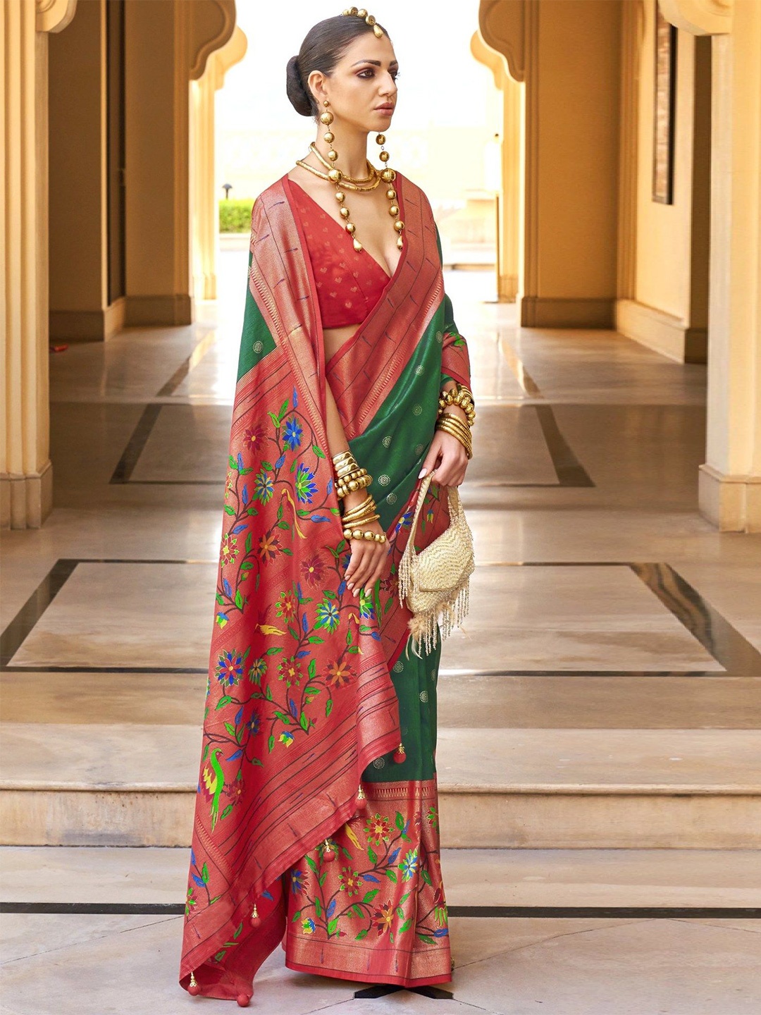 

MySilkLove Ethnic Motifs Woven Design Zari Paithani Saree, Green
