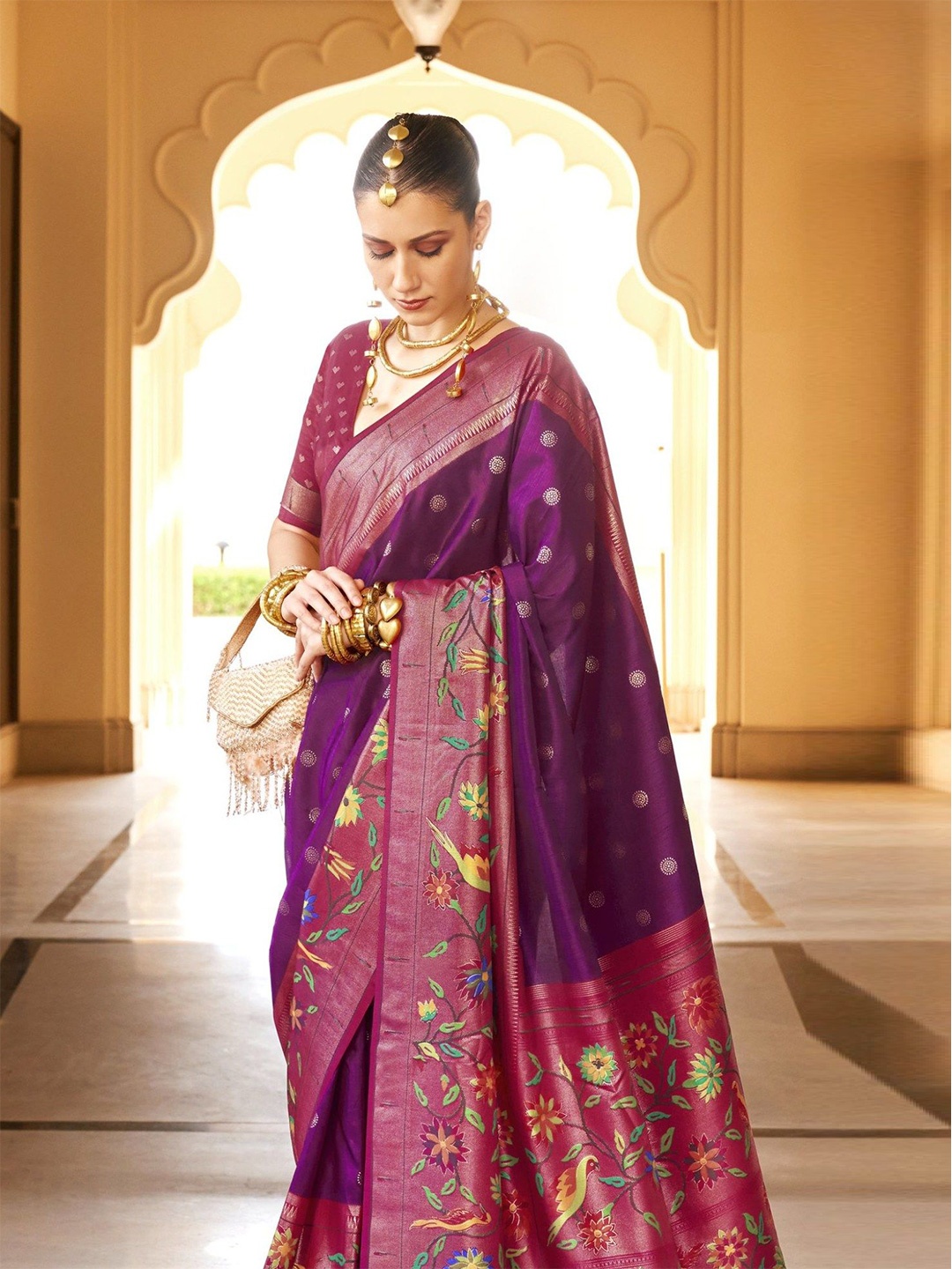 

MySilkLove Ethnic Motifs Zari Woven Paithani Saree, Purple