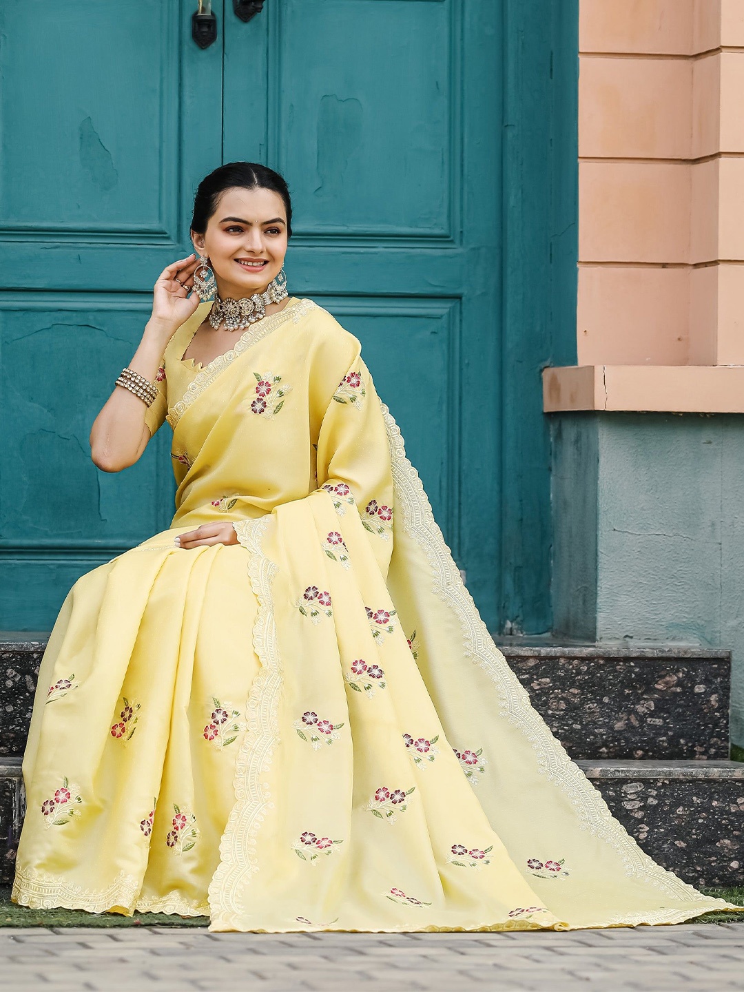 

MySilkLove Floral Embroidered Silk Cotton Tussar Saree, Yellow