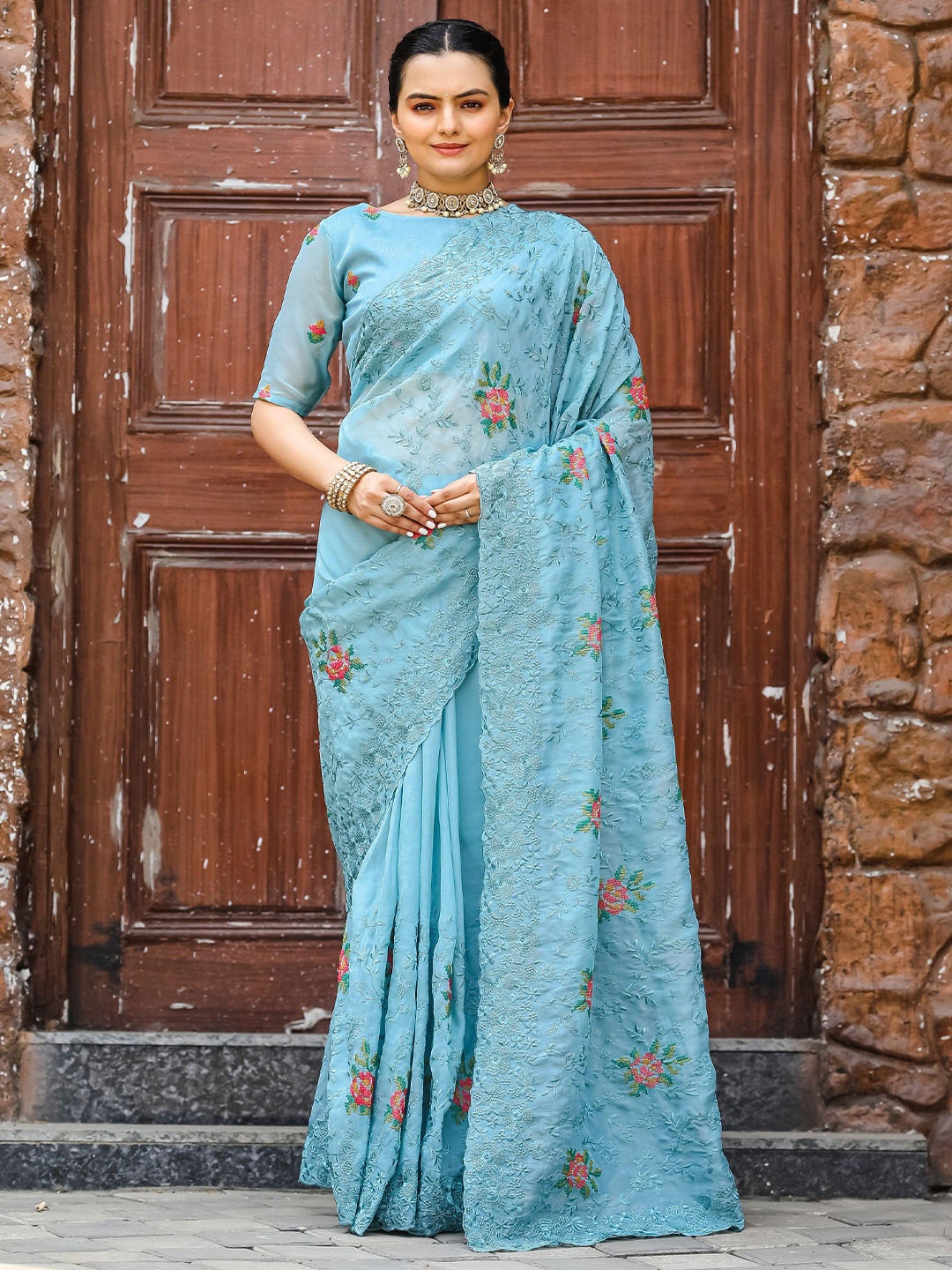 

MySilkLove Ethnic Motifs Embroidered Pure Chiffon Saree, Blue