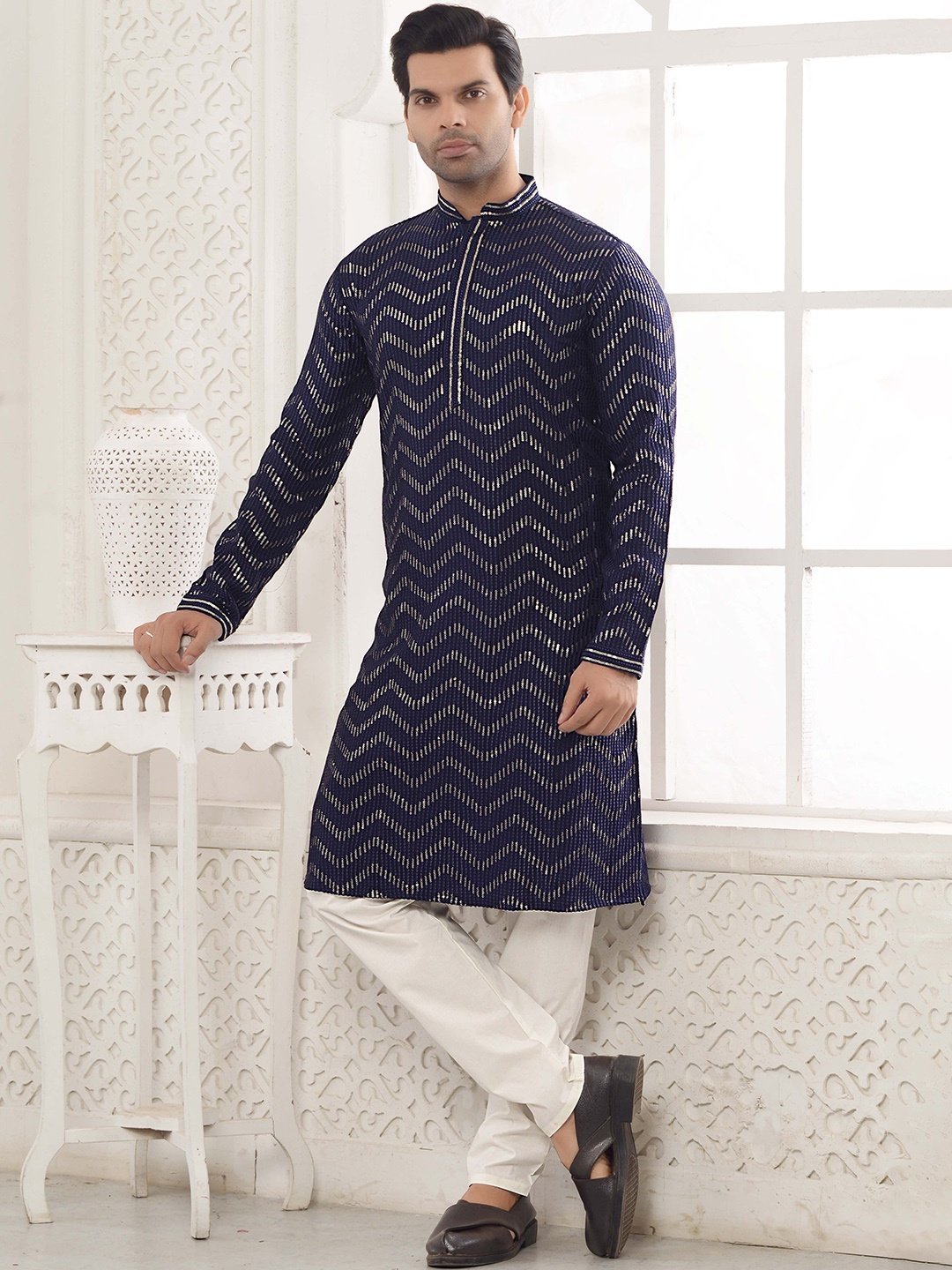 

ARRUGA Geometric Embroidered Sequinned Mandarin Collar Regular Kurta with Pyjamas, Blue