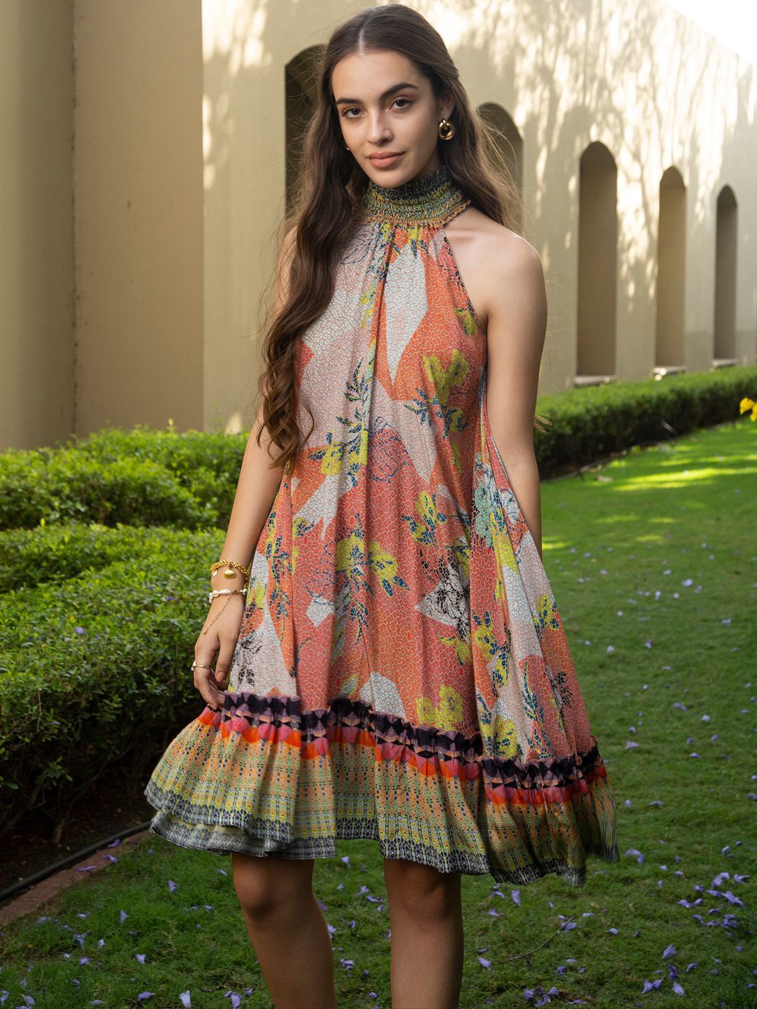 

Bhanuni Women Floral Print Choker Neck Sleeveless A-Line Dress, Peach