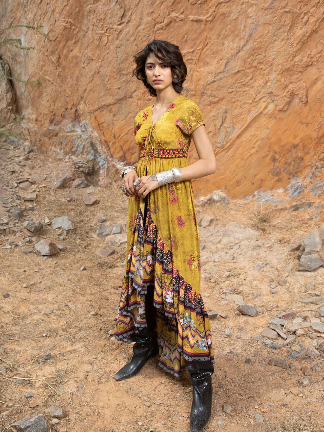 

Bhanuni Women Floral Print V-Neck Fit & Flare Midi Dress, Yellow