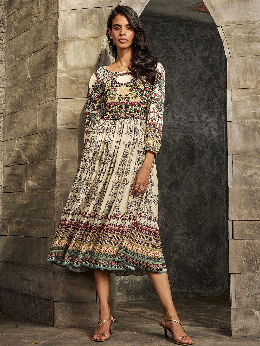 

Bhanuni Ethnic Motifs Print Fit & Flare Midi Ethnic Dress, Beige