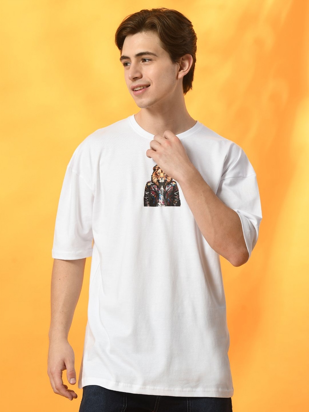 

FITINC Men Printed Cotton Oversized Drop Shoulder Half Sleeves T-Shirt, White