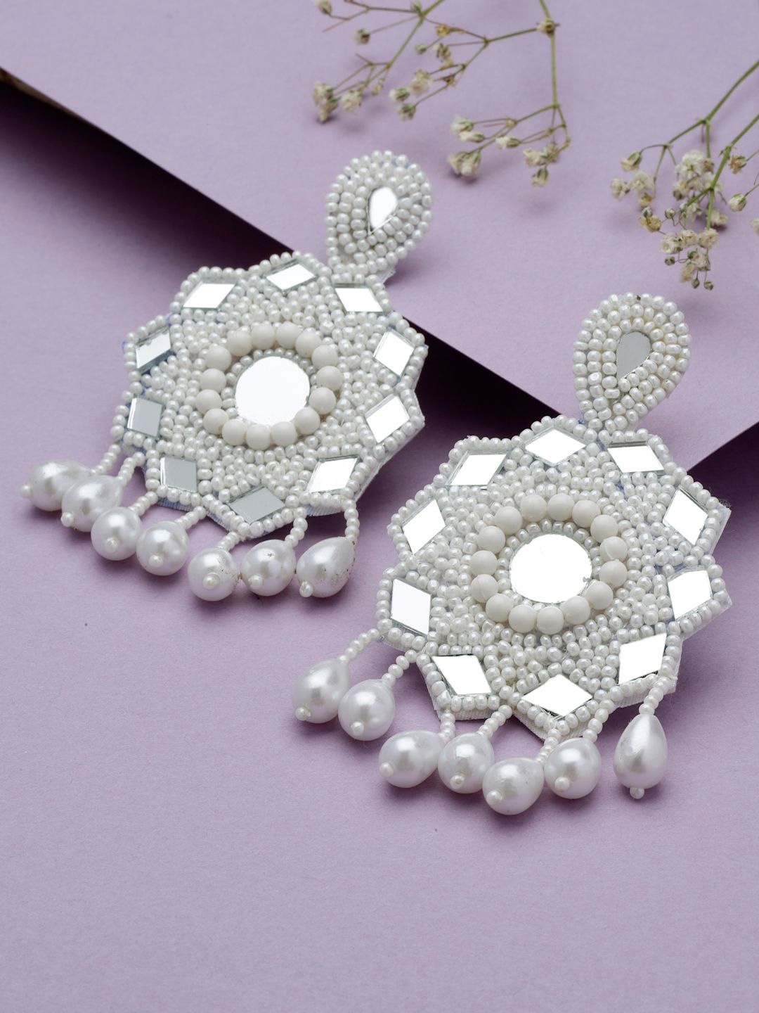 

Moedbuille Silver-Plated Mirrors Beaded Contemporary Drop Earrings