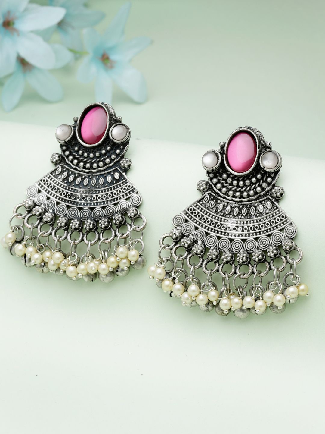 

Moedbuille Silver-Plated Crystals Studded & Pearls Beaded Contemporary Drop Earrings