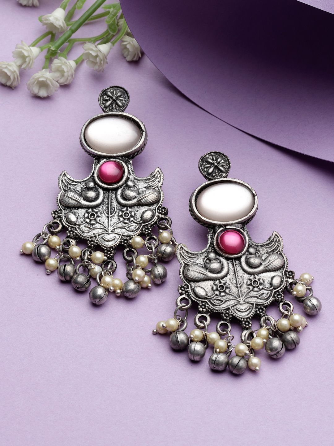 

Moedbuille Silver-Plated Crystals Studded & Pearls Beaded Peacock Shaped Drop Earrings