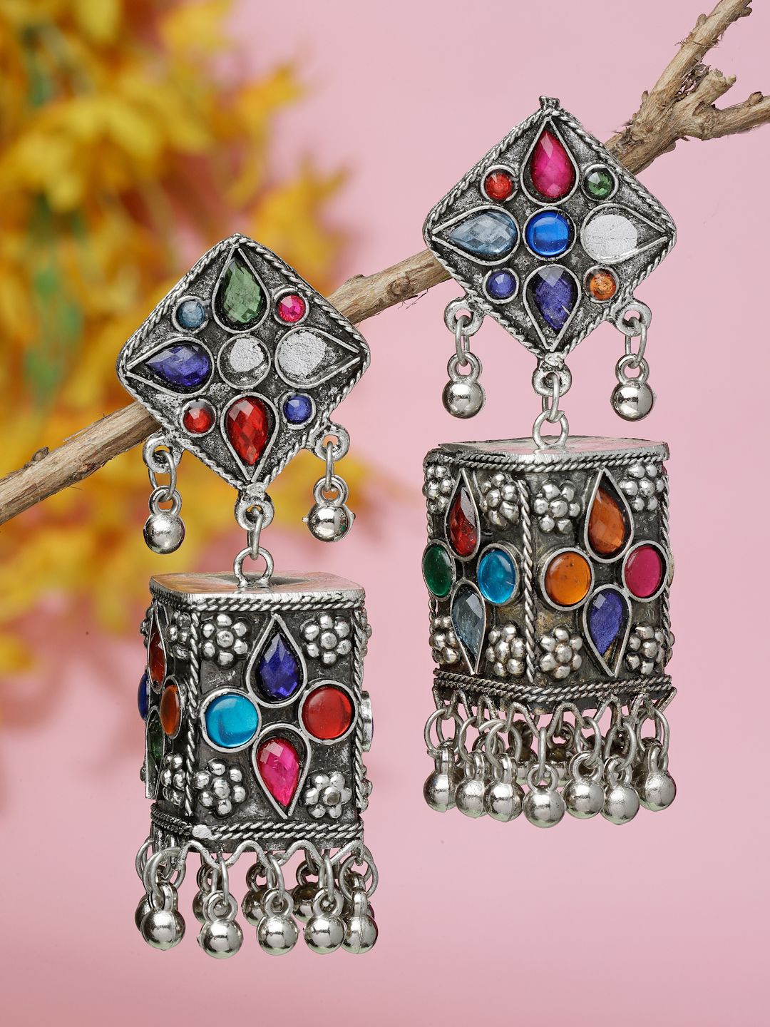 

Moedbuille Silver Plated Dome Shaped Artificial Stones Studded Jhumkas, Grey