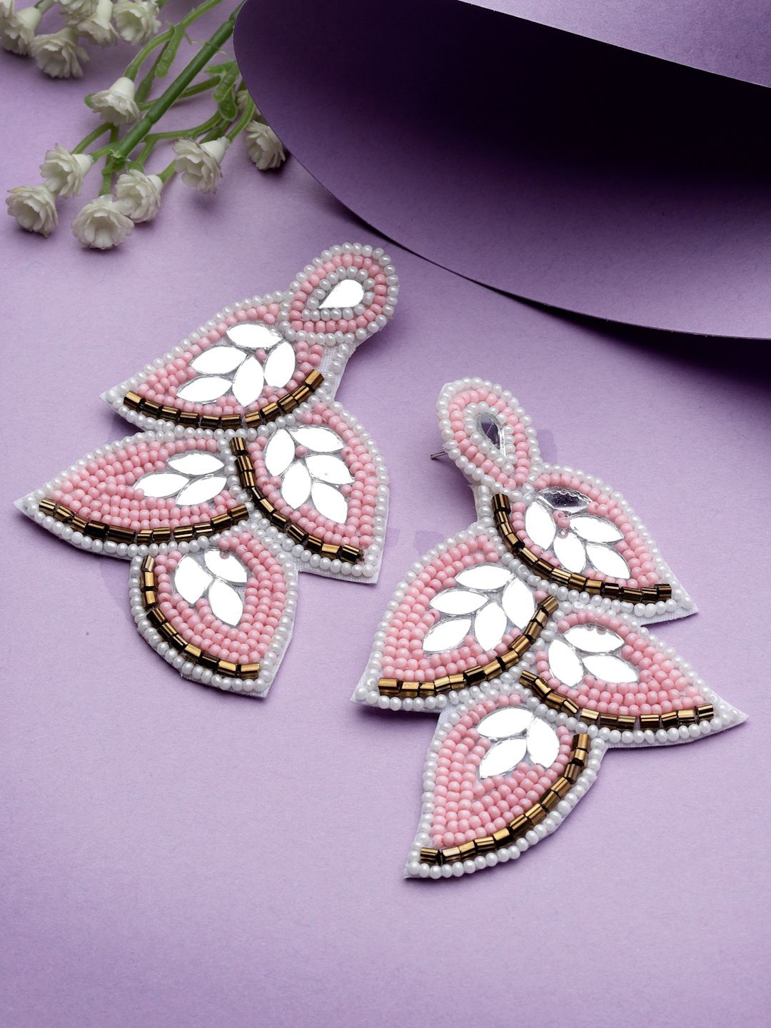 

Moedbuille Silver Plated Mirrors & Beads Studded Contemporary Drop Earrings, Pink