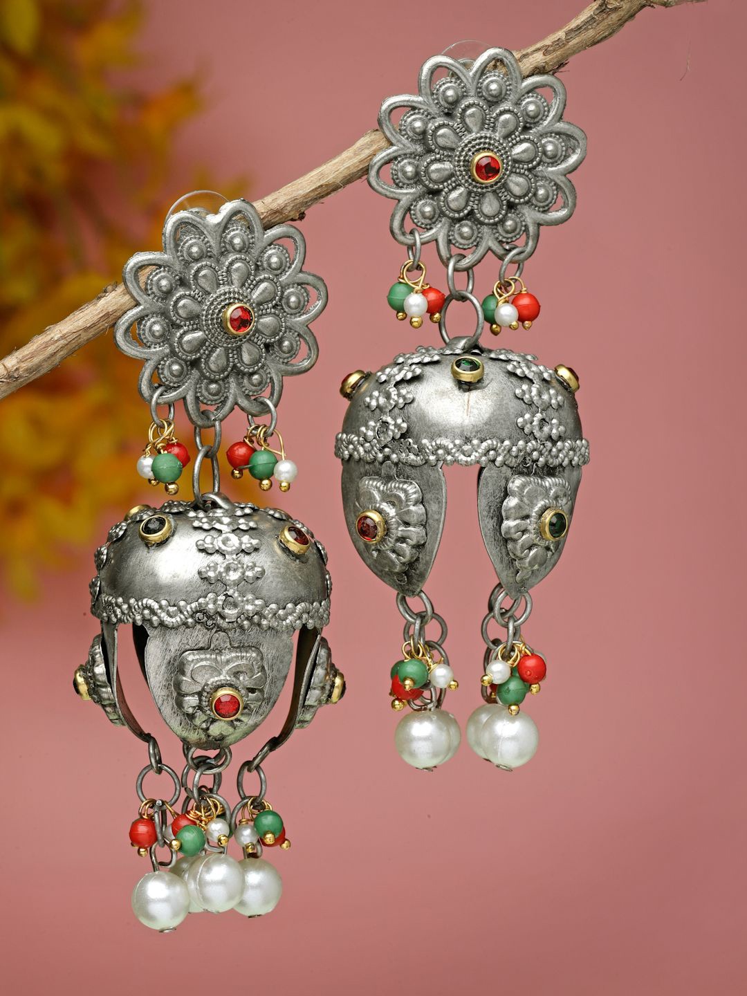 

Moedbuille Silver Plated Stones & Pearls Studded Oxidised Jhumkas, Metallic