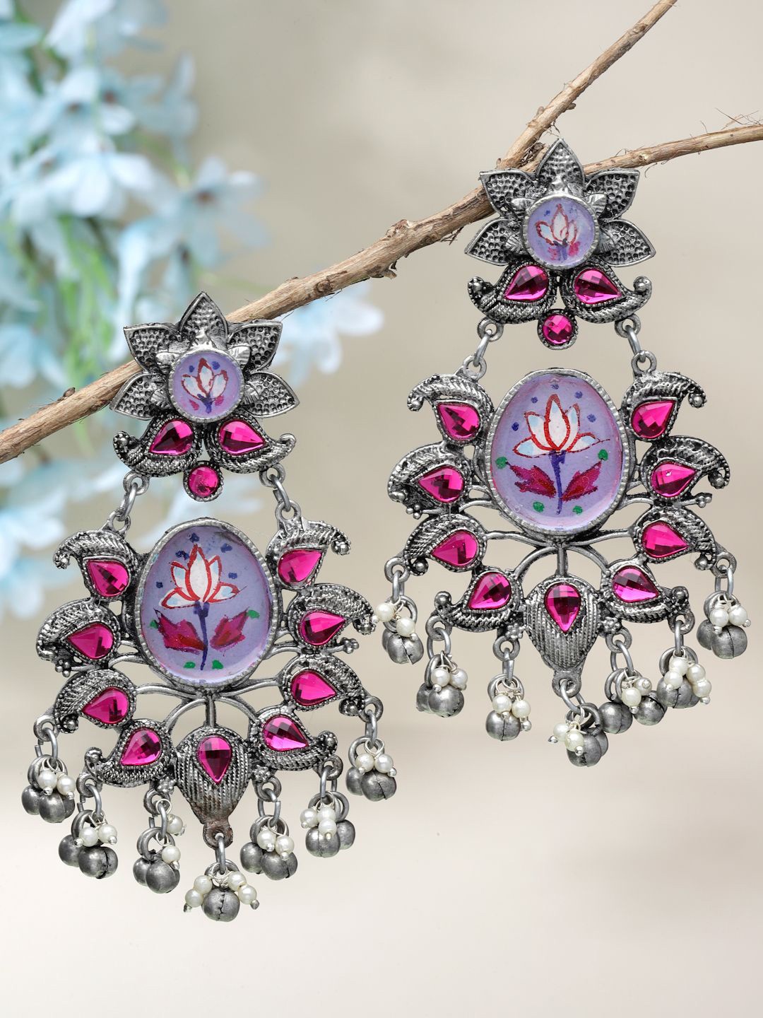 

Moedbuille Silver-Plated Crystals Studded Floral Drop Earrings