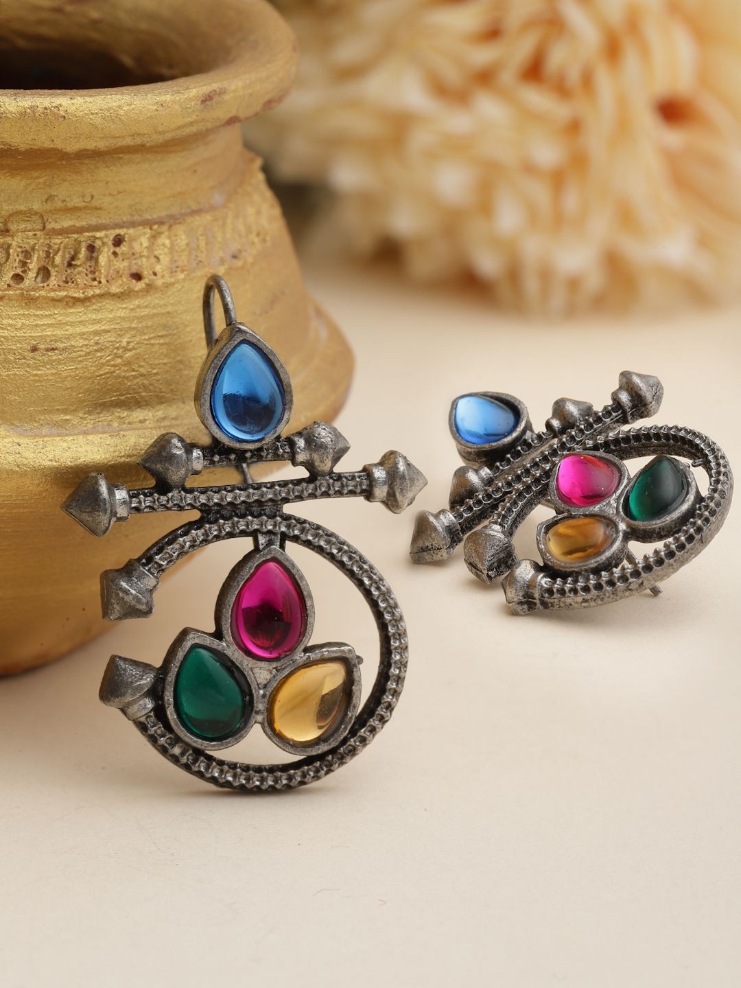 

Moedbuille Silver-Plated Crystals Studded Contemporary Drop Earrings