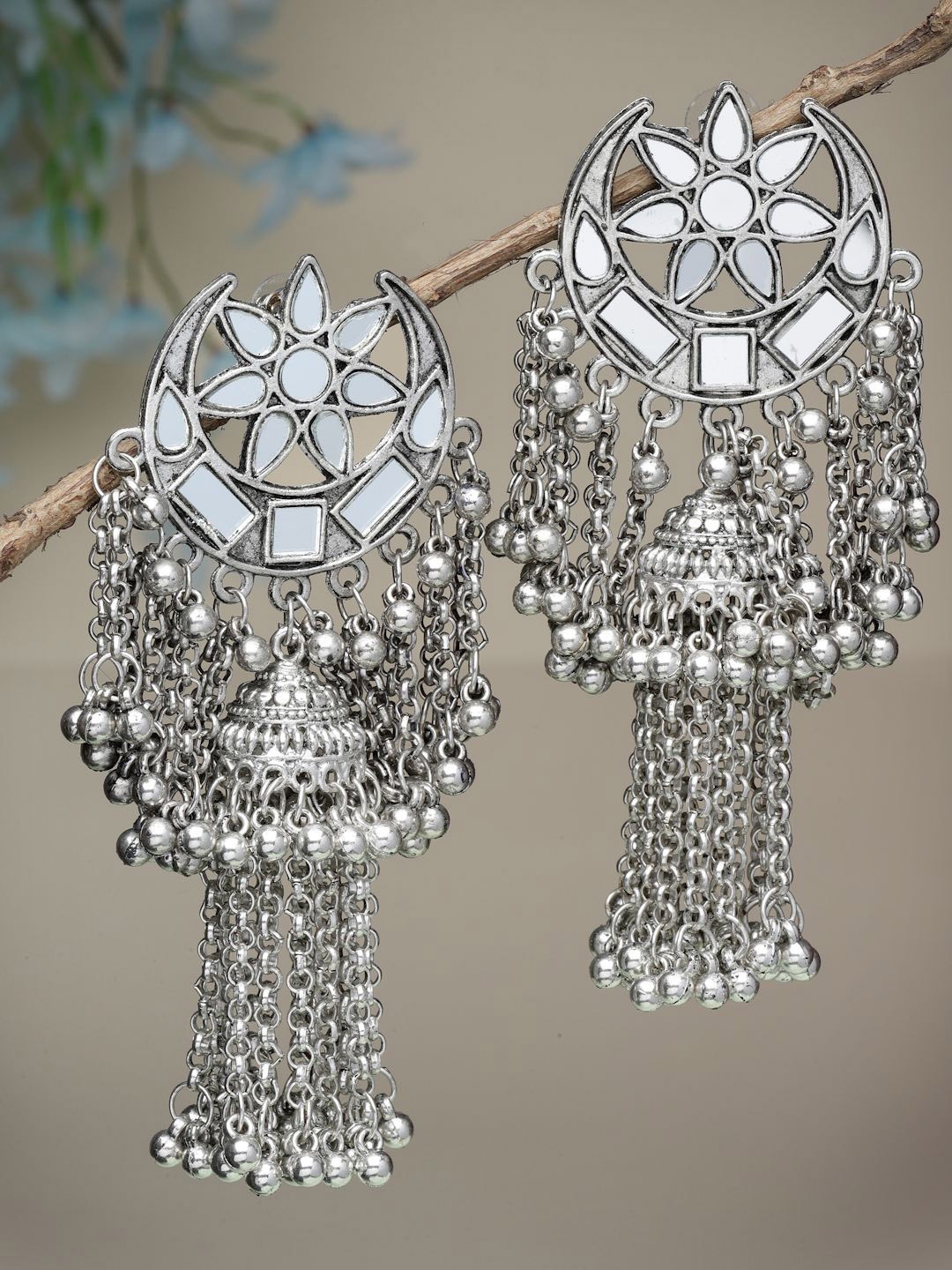 

Moedbuille Silver-Plated Mirrors Studded Tasselled Dome Shaped Jhumkas