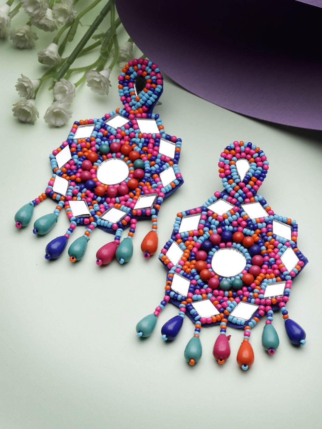 

Moedbuille Silver-Plated Mirrors Beaded Contemporary Drop Earrings
