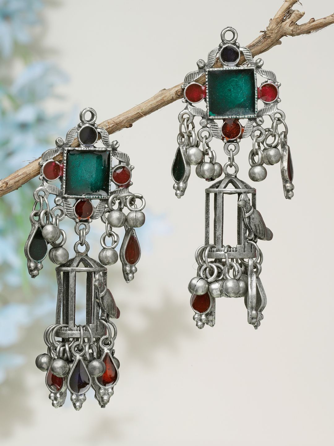 

Moedbuille Silver-Plated Stones Studded & Beaded Contemporary Oxidised Drop Earrings